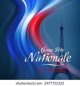 Banner 14 july bastille day in france. French national holiday. Blurred pattern of light colors lines of french flag in blue sky. Abstract france flag. Vector. Translation: Happy National Day July 14