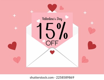 Banner 15% off valentine's day promotion. Fifteen percent discount on a envelope letter with hearts in a pink background