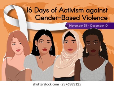 Banner for 16 Days of Activism against Gender-Based Violence with Women of different ethnic groups together and white ribbon. Vector colorful illustration