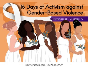 Banner for 16 Days of Activism against Gender-Based Violence with white ribbon. Diverse women from different ethnic groups in white dresses hold flowers in their hands. Vector colorful illustration