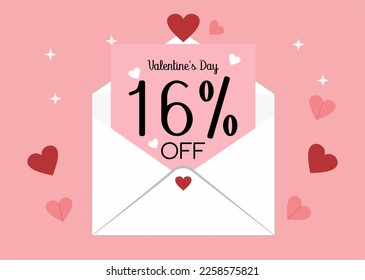 Banner 16% off valentine's day promotion. Sixteen percent discount on a envelope letter with hearts in a pink background