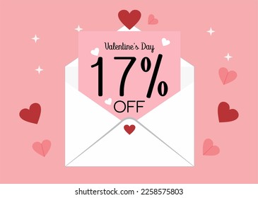 Banner 17% off valentine's day promotion. Seventeen percent discount on a envelope letter with hearts in a pink background