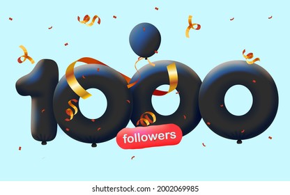 banner with 1K followers thank you in form of 3d black balloons and colorful confetti. Vector illustration 3d numbers for social media 1000 followers thanks, Blogger celebrating subscribers, likes