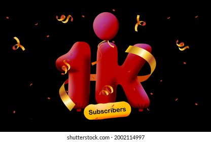 banner with 1K followers thank you in form of 3d Red balloons and colorful confetti. Vector illustration 3d numbers for social media 1000 followers thanks, Blogger celebrating subscribers, likes