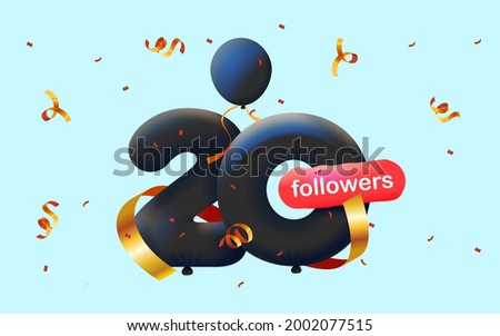 banner with 20 followers thank you in form of 3d black balloons and colorful confetti. Vector illustration 3d numbers for social media 20 followers thanks, Blogger celebrating subscribers, likes