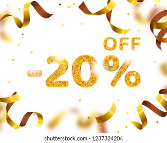 Banner 20 off with share discount percentage, Gold Ribbon Fly. Vector illustration