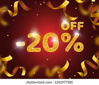 Banner 20 off with share discount percentage, Gold Ribbon Fly. Vector illustration