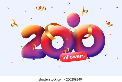 banner with 200 followers thank you 3d Purple Violet balloons and colorful confetti. Vector illustration 3d numbers for social media 200 followers thanks, Blogger celebrating subscribers, likes