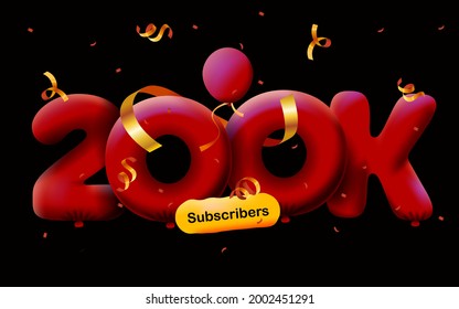 banner with 200K followers thank you in form of 3d Red balloons and colorful confetti. Vector illustration 3d numbers for social media 200000 followers thanks, Blogger celebrating subscribers, likes