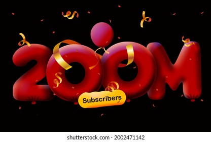 banner with 200M followers thank you in form 3d Red balloons and colorful confetti. Vector illustration 3d numbers for social media 200000000 followers thanks, Blogger celebrating subscribers, likes
