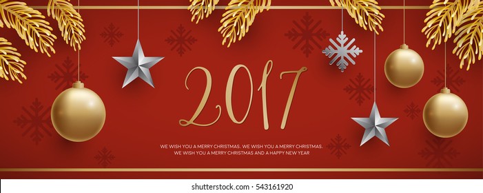 Banner of 2017 christmas frame with christmas ball, star, snowflake, tree on red background.