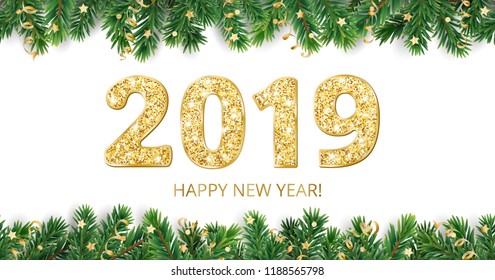 Banner with 2019 golden glitter numbers. Happy New Year and Christmas illustration. Winter holiday background. Christmas tree vector decoration on white. Frame, border for party poster, header.