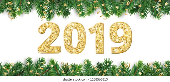 Banner with 2019 golden glitter numbers. Happy New Year and Christmas illustration. Winter holiday background. Christmas tree vector decoration on white. Frame, border for party poster, header.