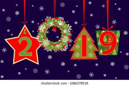 Banner for 2019 New Year season greeting applique with hanging cut out numbers, gift box, wreath, fir, star and snowflakes. Red green flat design