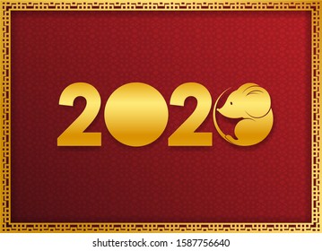 Banner for the 2020 with a mouse in a circle. Minimalistic poster for Chinese New Year in paper cut style. Red and gold colors. Vector illustration.