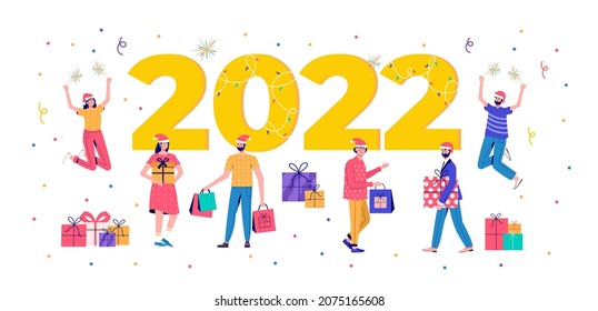 Banner 2022 with people with people holding shopping bag for Christmas sale. Men and women are buying gifts. Vector illustration in cartoon trendy style.vector for advertisement, coupon or voucher