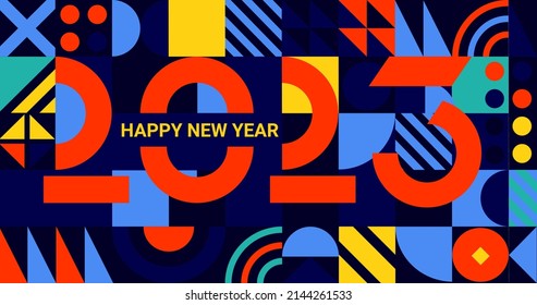 Banner for 2023 New Year.Greeting poster with numbers on geometric minimalistic background with simple geometry shapes.Template for flyer,web, cover,calendar,web,presentation,print.Vector illustration