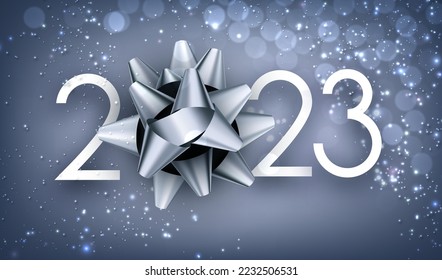 Banner with 2023 sign with bow on blue bokeh snowing background.