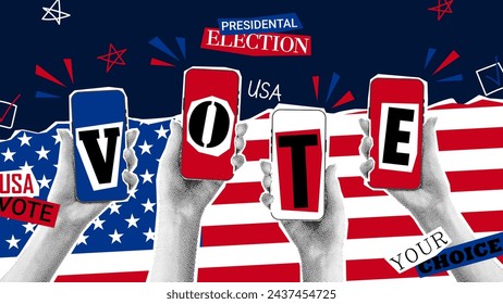 Banner for 2024 US presidential election. Vector banner with halftone hands holding phones and calling to USA election voting. Collage for US Election 2024 campaign. Vote day, November 5.