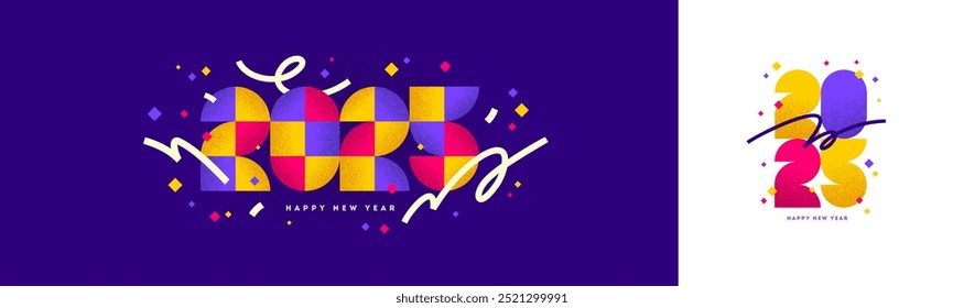 Banner with 2025 new year logo. Greeting design with multicolored number of year. Design with grainy texture and squiggle line. Vector illustration for greeting card, invitation, calendar, etc.