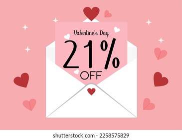 Banner 21% off valentine's day promotion. Twenty one percent discount on a envelope letter with hearts in a pink background