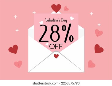 Banner 28% off valentine's day promotion. Twenty eight percent discount on a envelope letter with hearts in a pink background