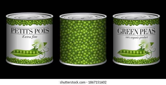 Banner with 3 cans of peas with 3 different labels - French and English text - translation of peas, extra fine.