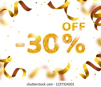 Banner 30 off with share discount percentage, Gold Ribbon Fly. Vector illustration