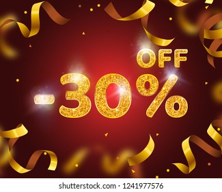 Banner 30 off with share discount percentage, Gold Ribbon Fly. Vector illustration