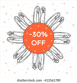 Banner with 30% OFF sign on pink round template decorated with hand drawn sport shoes, sneakers. Vector stock illustration for shoe shop. 