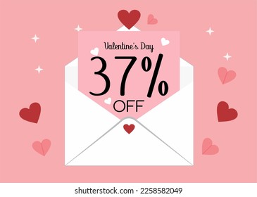 Banner 37% off valentine's day promotion. Thirty seven percent discount on a envelope letter with hearts in a pink background