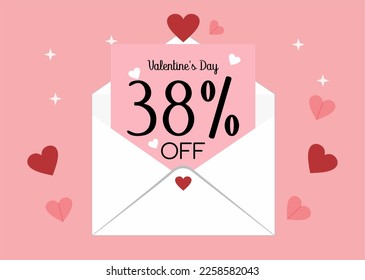 Banner 38% off valentine's day promotion. Thirty eight percent discount on a envelope letter with hearts in a pink background