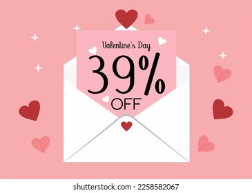 Banner 39% off valentine's day promotion. Thirty nine percent discount on a envelope letter with hearts in a pink background