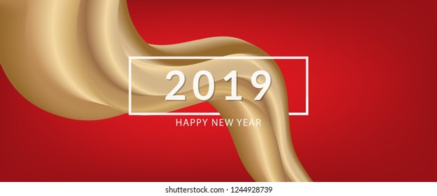 Banner 3D abstract flow fluid shapes. Liquid wave trendy modern style . Gold wavy on red color art background. Curve concept vector graphic.	