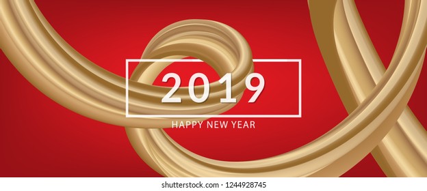 Banner 3D abstract flow fluid shapes. Liquid wave trendy modern style . Gold wavy on red color art background. Curve concept vector graphic.	