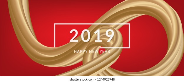 Banner 3D abstract flow fluid shapes. Liquid wave trendy modern style . Gold wavy on red color art background. Curve concept vector graphic.	