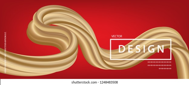 Banner 3D abstract flow fluid shapes. Liquid wave trendy modern style . Gold wavy on red color art background. Curve concept vector graphic.	