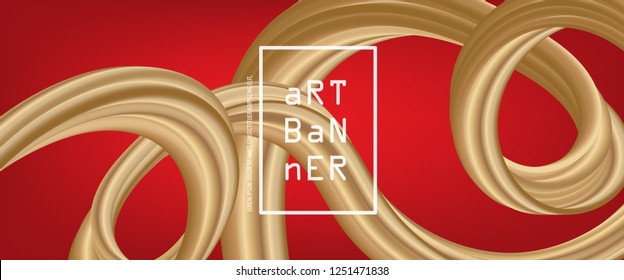 Banner 3D abstract flow fluid shapes. Liquid wave trendy modern style . Gold wavy on red color art background. Curve concept vector graphic.	