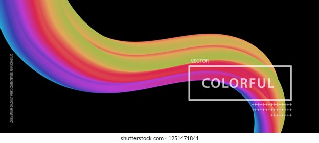 Banner 3D abstract flow fluid shapes. Liquid wave trendy modern style . Colorful vibrant neon on black color art background. Curve concept vector graphic.	