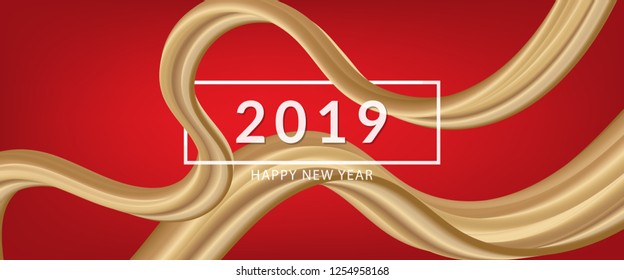 Banner 3D abstract flow fluid shapes. Liquid wave trendy modern style . Gold wavy on red color art background. Curve concept vector graphic.	