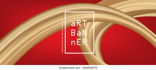 Banner 3D abstract flow fluid shapes. Liquid wave trendy modern style . Gold wavy on red color art background. Curve concept vector graphic.	