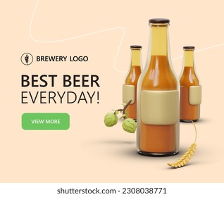 Banner with 3d bottles of beer. Concept of main page of site for ale store in pink colors. Best beer every day. Drink from natural products. Flat vector illustration