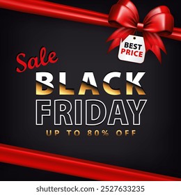 Banner with 3d bright red gift bow and hanging on a string price tag with text SALE, Black Friday, Up to 80% off. Shopping poster, ad card as a present wrap package with silk ribbon and discount label