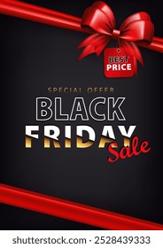 Anuncio con lazo de regalo rojo brillante 3d y colgando en una etiqueta de Precio de cuerda con texto VENTA, Black Friday, hasta 80% de descuento. Cartel de la compra, tarjeta del anuncio como paquete del abrigo del presente con la cinta de seda y la etiqueta del descuento