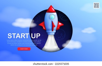 Banner with 3d cartoon rocket flying in space. Startup poster with qr code, buttons and cute spaceship inside circle launching to the Moon. Landing page, business template with blue sky and clouds