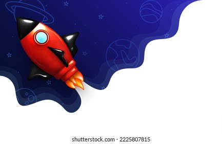 Banner with 3d cartoon rocket flying into space. Startup poster with cute red spaceship launching to the Moon. Landing page, business template with planets, stars and white copy space for text