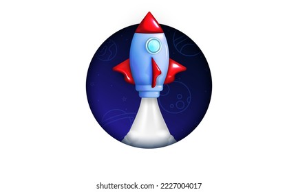 Cartel con cohete de dibujos animados 3d volando fuera del espacio en círculo. Afiche de inicio con el lanzamiento de una nave espacial linda a la Luna. Página de inicio, plantilla de negocio con espacio de copia en blanco