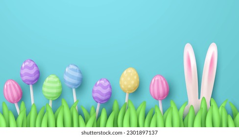 Banner with 3d colored eggs with and ears of rabbit, sitting in grass on blue background. Happy Easter poster. Vector illustration for card, party, design, flyer, banner, web, advertising.