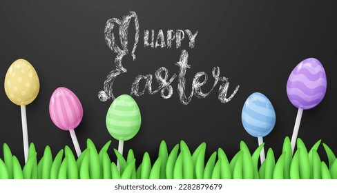 Banner with 3d colored eggs with on sticks in grass, mini eggs on black slate, chalk board. Happy Easter poster. Vector illustration for card, party, design, flyer, banner, web, advertising.