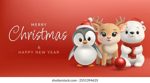 Banner. Ein 3D süßes Weihnachtstier maskottiert einen Pinguin, ein Rentier, einen Eisbären. Festliche, rote Hüte, Gesten, Winterstimmung, perfekt für Grüße und Banner. Nicht KI.